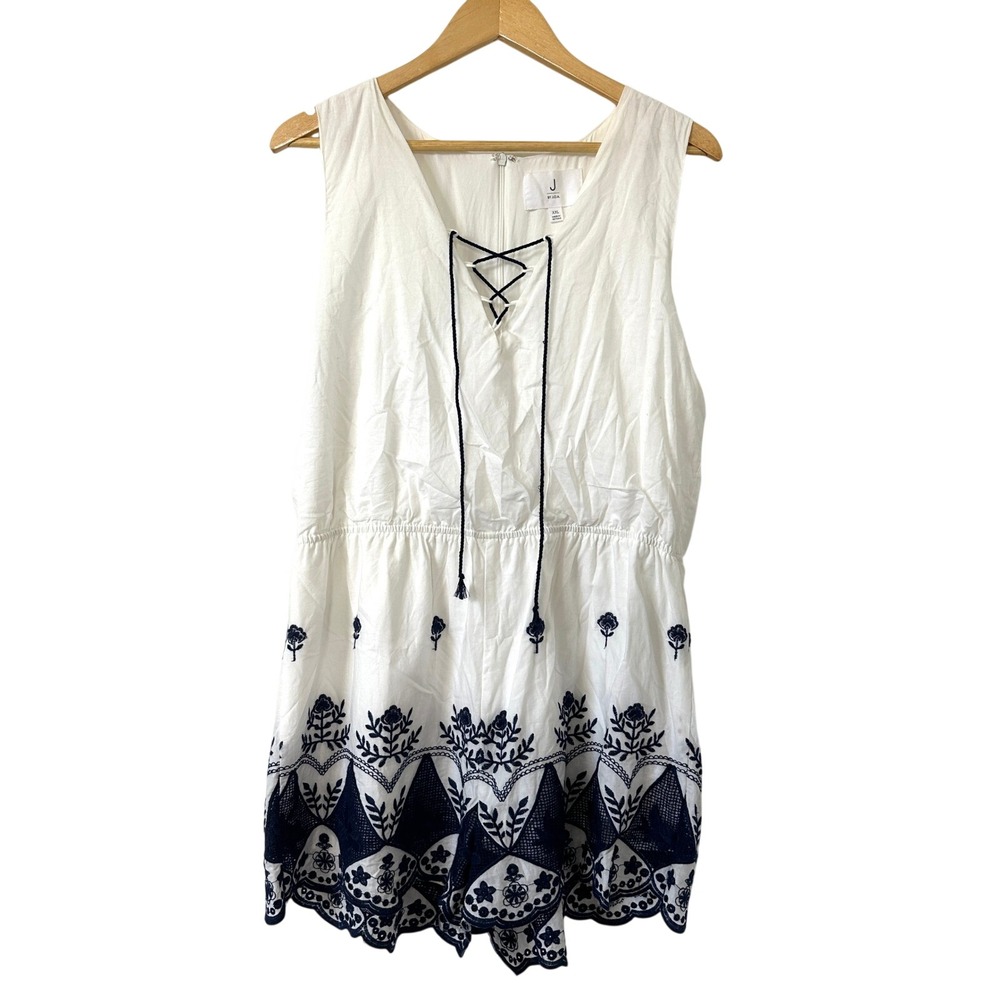 Embroidered‎ Boho Romper XXL White Navy Festival Cottagecore Coastal Cowgirl